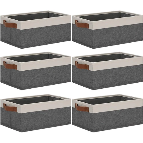 Small Fabric Storage Bins 6 Pack 11.8" X 7.87" X 5.11" Storage Basket With Leath