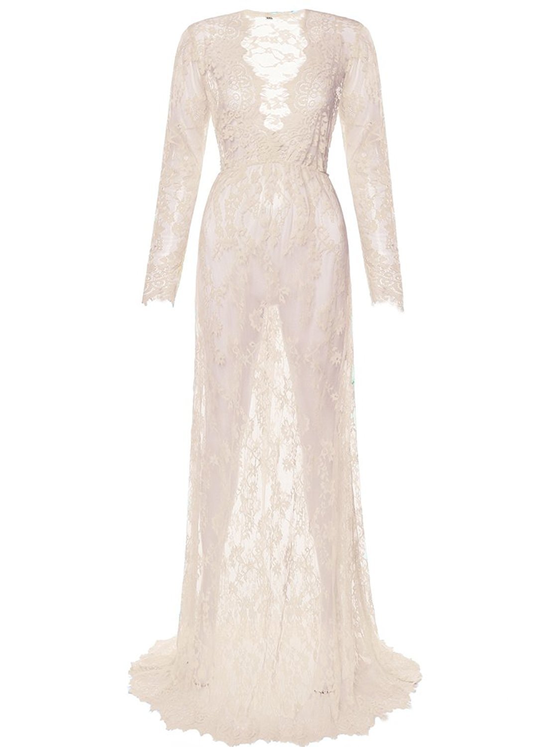Women's Sexy Deep V-Neck Long Sleeve Lace Slim Perspective Tight Trailing Dress
