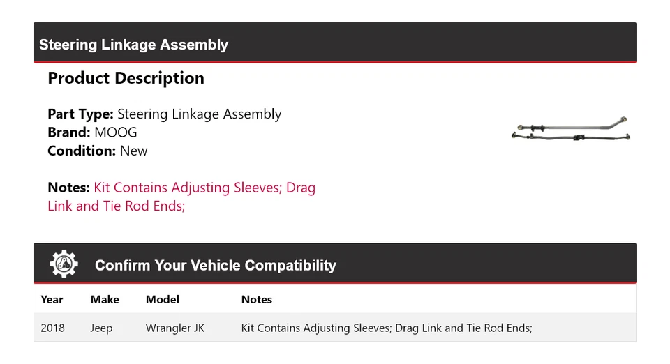 Conjunto de acoplamiento de dirección MOOG para Jeep Wrangler JK 2018 Foto 2 de 4