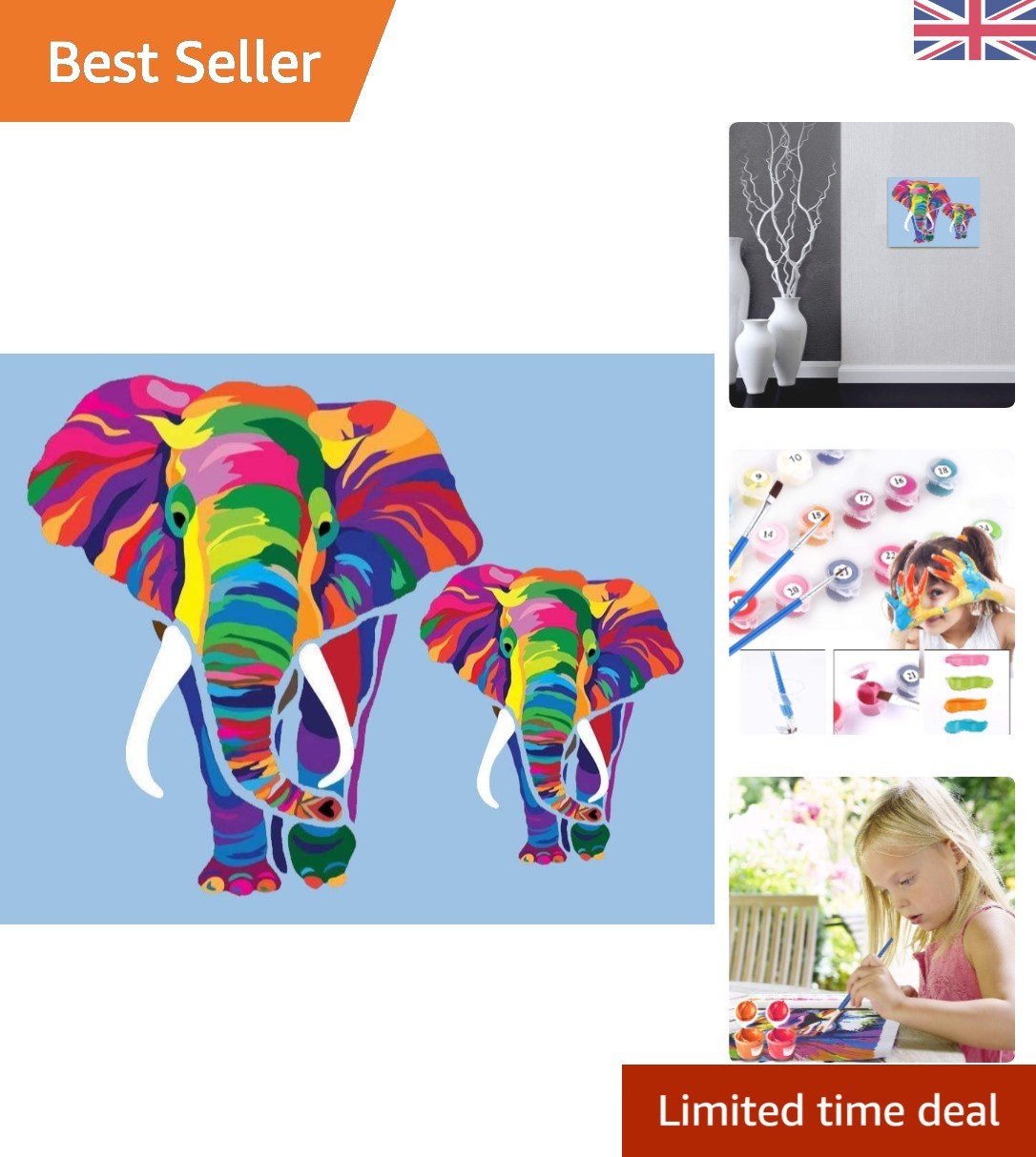 Relaxing DIY Paint by Numbers for Adults & Kids - Colorful Elephant Canvas