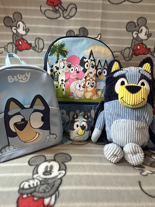 3 Bluey Kids Backpacks - full size, mini, and plush & plush keychain 