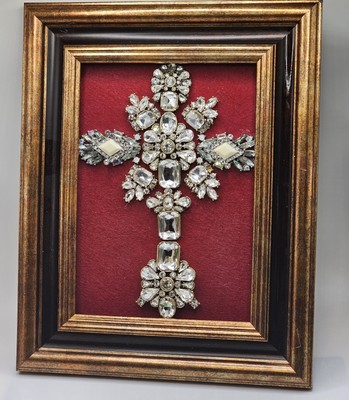 Mixed Media Jewelry Art Rhinestone Cross Frame 3D Signed OOAK Vtg - Contemporary