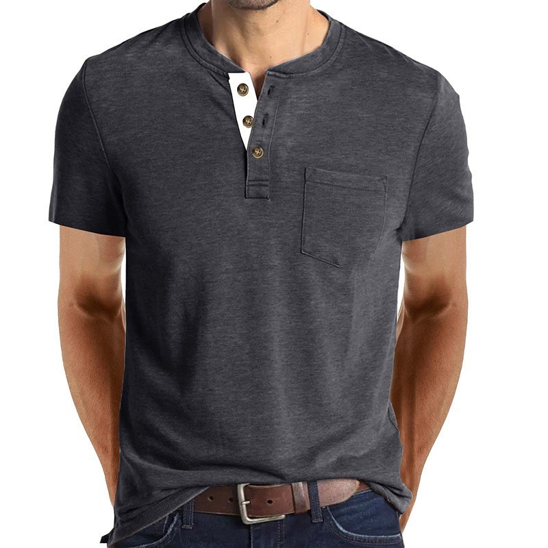 Hombres Manga Corta Henley Camiseta Abuelo Botón Cuello en V Informal Camisa Sólida Camiseta Prenda para el torso