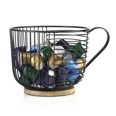 Coffee Pod Holder - Large Capacity Black Wire K Cup Storage with Wooden Base ...