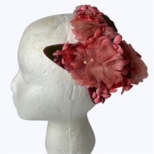 Vintage Pink Floral Fascinator Hat Mesh 3D Flower Headpiece Spring Derby