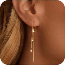 14K Gold Silver Dangle Chain Earrings for Women CZ Pearl Threader Hypoallergenic