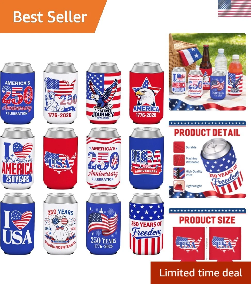 4th of July Decorations Can Cooler Sleeves 250th Anniversary Insulated Can Co...