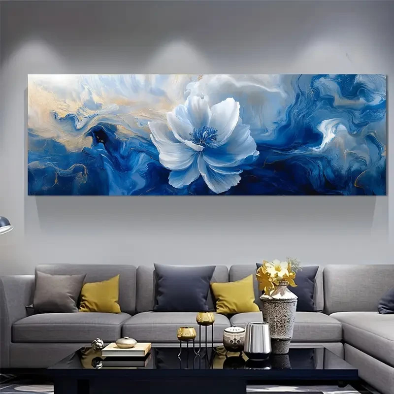 Panoramic Abstract Blue And White Fl Painting Canvas Wall Art Home Décor Picture