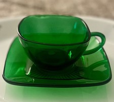 Anchor Hocking Forest Green Cup & Saucer Set Square Emerald Glass MCM