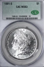 BU 1881-S Morgan Silver Dollar CAC CACG MS63 Flashy Luster - See Video GIFB