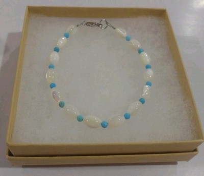 Mother Of Pearl, Turquoise  925 Sterling Silver Lobster Clasp Bracelet Beads 7''