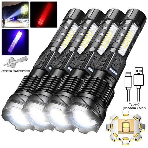4PCS 500000lm LED Flashlight USB Rechargeable Torch for Outdoor Camping Hiking