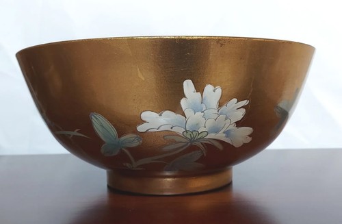 Chinese Chrysanthemum & Bird 24K Gold Leaf 10" Centerpiece Bowl -Vintage - Picture 6 of 8