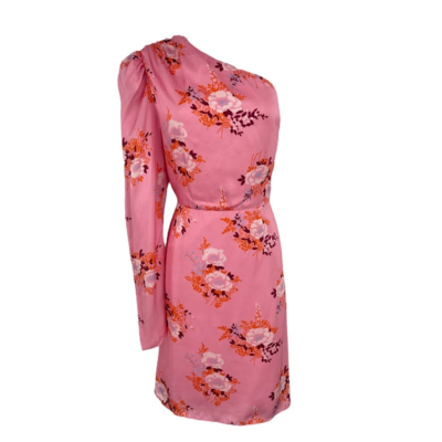 les reveries pink dress LES REVERIES Dress Womens 12 Pink One Sleeve Floral Matte Satin Mini  Gardenia