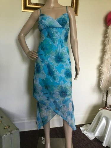 90's Vintage Blue Sexy Yellow White Floral Beaded Sundress - Picture 4 of 7