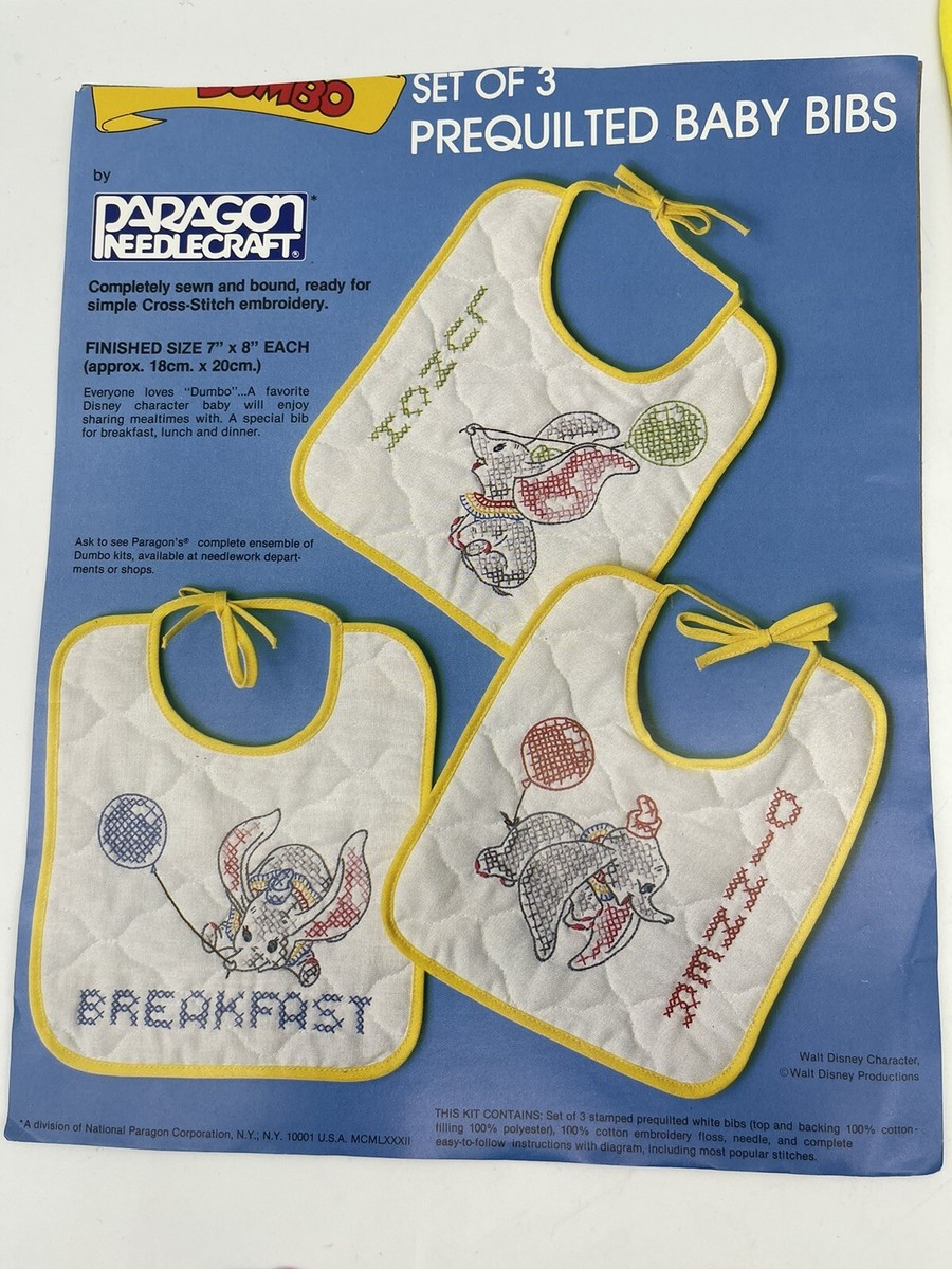 NOS Vintage Walt Disney Dumbo Set of Baby Bib Kit Cross Stitch
