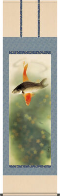 Japanese art Hanging Scroll Cold bottom With Black & Red Carps by Ryuko Kawabata