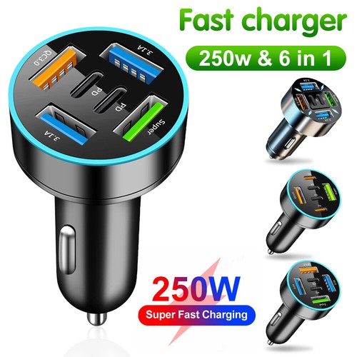 Car Fast Charger Adapter 6 USB Ports PD QC3.0 for iPhone Samsung Cell Phones