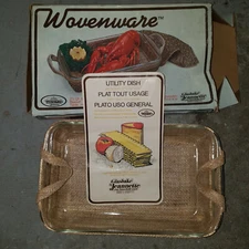 Vintage Wovenware 263WW 2.5qt glasbake ovenware utility dish w woven basket EUC