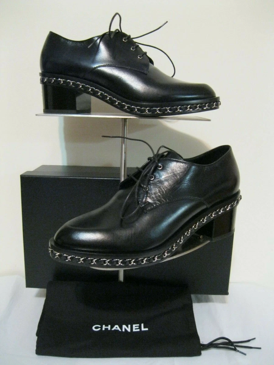 CHANEL Oxford Lace up Shoes NEW Black Leather Size 38