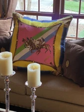 36 x 36 Ralph Lauren Equestrian Designer Silk Pillow; RL 92; Ralph Lauren Bear