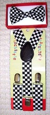 Kids Black White Checkers Adj Pre-tied Strap Bow Tie Adj Y-Back Suspenders-New 