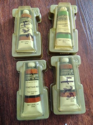 Vintage Permanent Pigments Artists Oil Color Paint 4 Tubes Green, Venetian Red