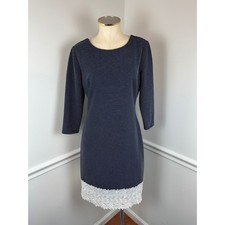CREMIEUX Women's Navy & White Stripe Sheath Shift Dress Lace Hem Large