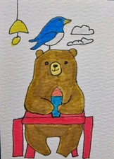 ACEO ATC 3.5x2.5 Original BEAR Painting Whimsical Animal Acrylic Art Decor GAT