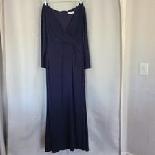 Ieena For Mac Duggal Sz 14 Navy Long Sleeve Ruched Jersey V-Neck Maxi Gown NWT