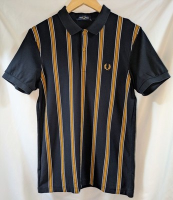 Fred Perry M3597 Vertical Stripe Polo Shirt Black Gold White Size M Slim Fit