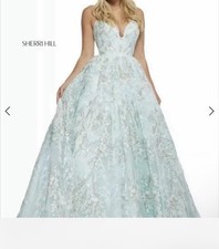 Sherri Hill Light Blue Lace Floral Ballgown V-Neck Backless Long Size 10