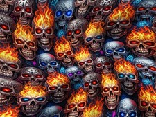 Flaming skulls Printed Cotton Fabric By The Yard