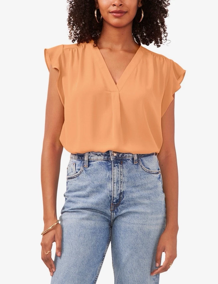 Vince Camuto Women’s V-Neck Flutter Short Sleeve Top Color Orange Size L - Image 3 of 4