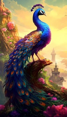 Vintage Bird Peacock Landscape Painting Home Decor Wall Art