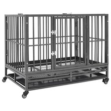 Dog Cage Black and Silver Steel Medium Lockable Wheels Dog Cage