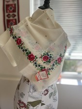 Ukraine Wool Shawl White With Roses And Blue Flowers
