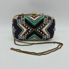 Navy Turquoise Beaded Box Clutch Rhinestone Evening Bag Gold Chain Strap