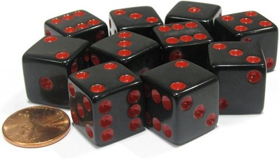 Set of 10 Six Sided Square Opaque 16mm D6 Dice - Black with Red Pip Die