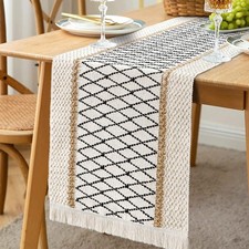 Boho Table Runner Beige Cream Woven Cotton Tassel Decor For Dining Or Sideboard