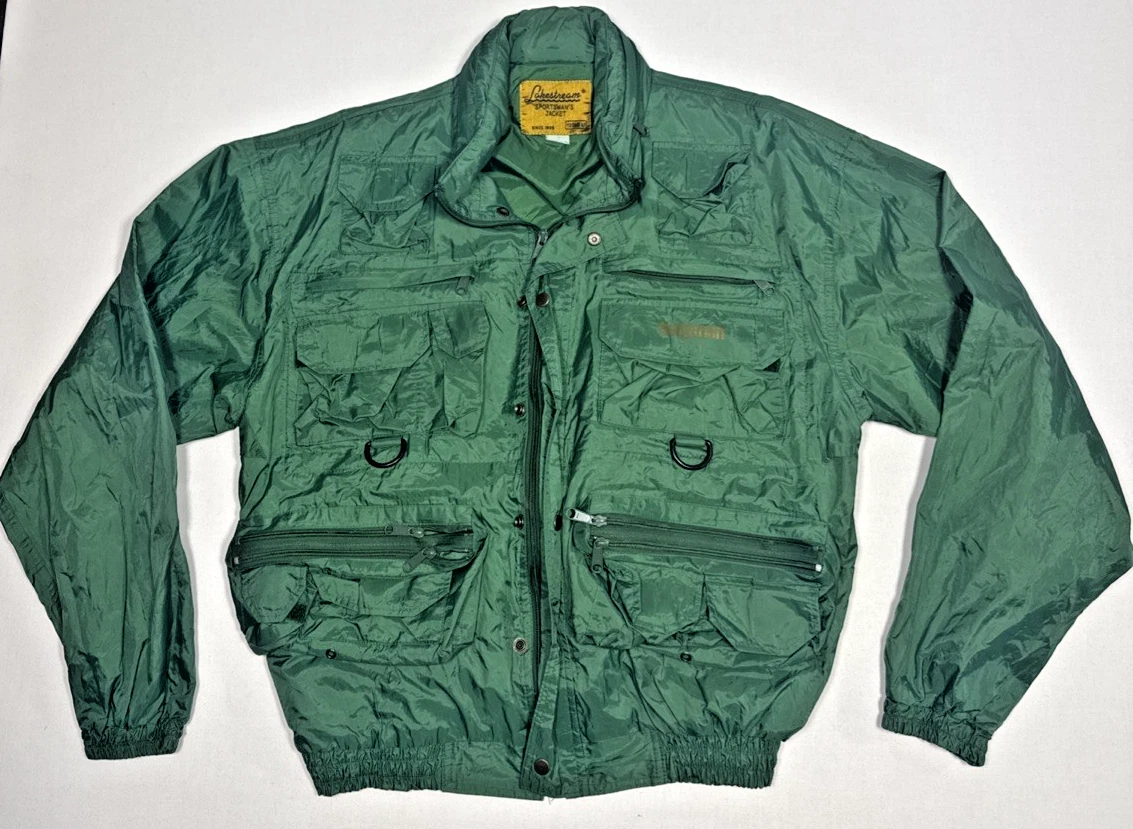 Lakestream Hodgman Fishing Jacket Mens L Green Pockets Zip Snap Nylon VTG 3952