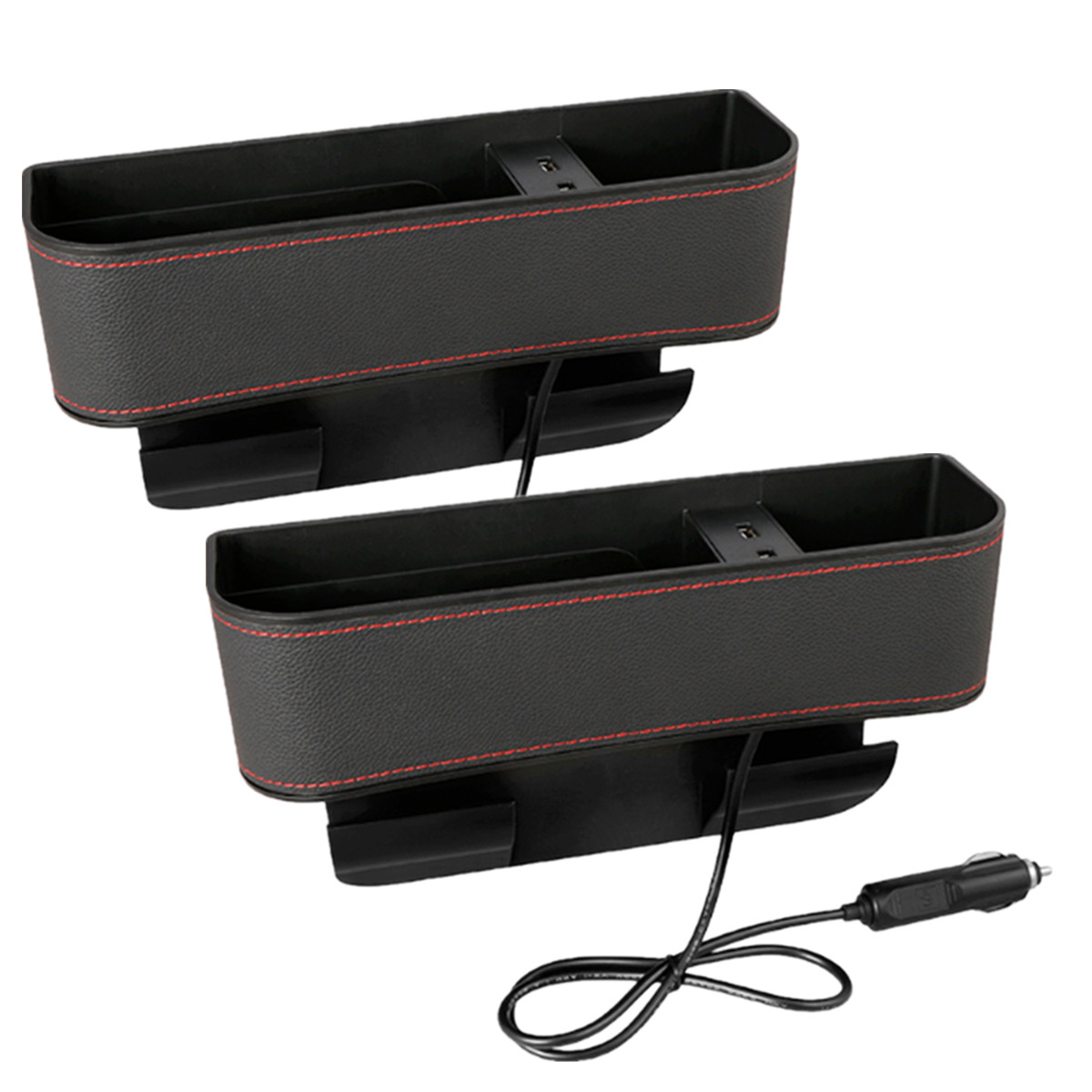 Storage Box Car Seat Gap Filler Leather Organizer Dual USB Charger Cup Holder