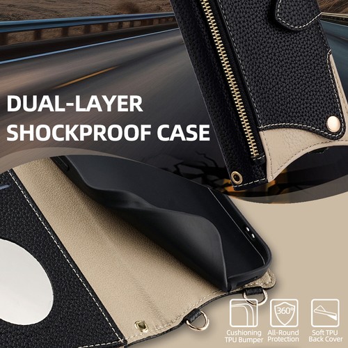 For iPhone 17 16 15 14 13 12 11 Zipper Wallet Card Magnetic Case+Crossbody Chain - Picture 17 of 57