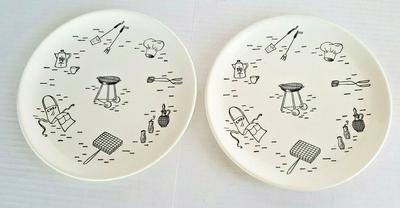 Vintage BARBECUE PLATE Set Of 2 Ceramic MID CENTURY MODERN Fun Graphics