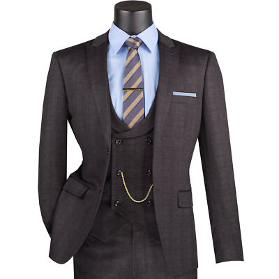 VINCI Men's Black Plaid Stretch 3-Piece Slim-Fit 2-Button Suit - NEW