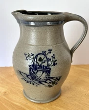 Vintage 7 1/2" Rowe Pottery Stoneware  Salt Glazed Blueberry Basket Pitcher 1998
