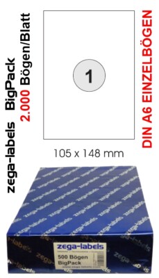 2.000 Etiketten 105 x 148 mm EINZELN = 2.000 DIN A6 Bögen(1x1 Etikett DIN A6)UPS