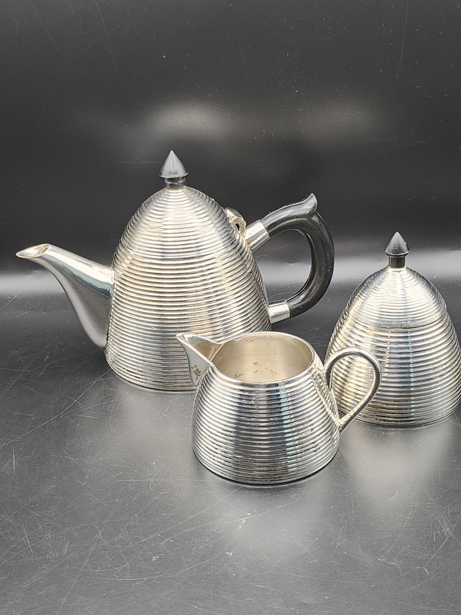 Vintage 3 Piece Art Deco Silver Plated Beehive Tea Pot, Creamer