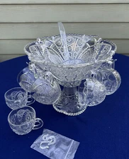 Indiana Glass Paneled Daisy & Finecut punch bowl, base, 10 cups and hooks, exc