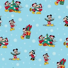 BTY Disney Mickey Mouse Minnie Christmas Day Gift Tree Blue Cotton Fabric